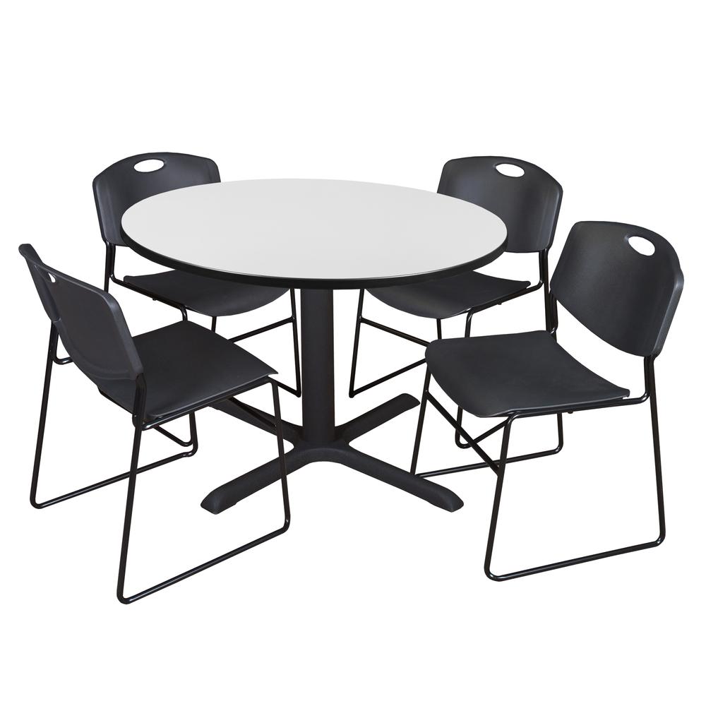 Regency Cain 48 in. Round Breakroom Table- White & 4 Zeng Stack Chairs- Black. Picture 1