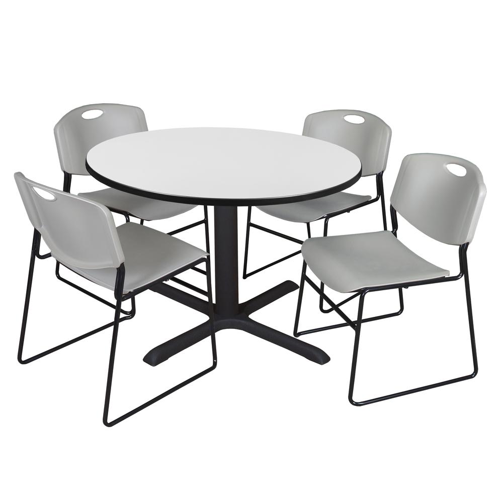 Regency Cain 48 in. Round Breakroom Table- White & 4 Zeng Stack Chairs- Grey. Picture 1