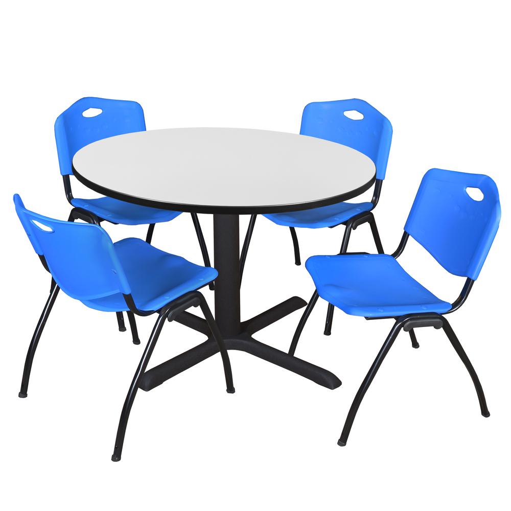 Regency Cain 48 in. Round Breakroom Table- White & 4 M Stack Chairs- Blue. Picture 1