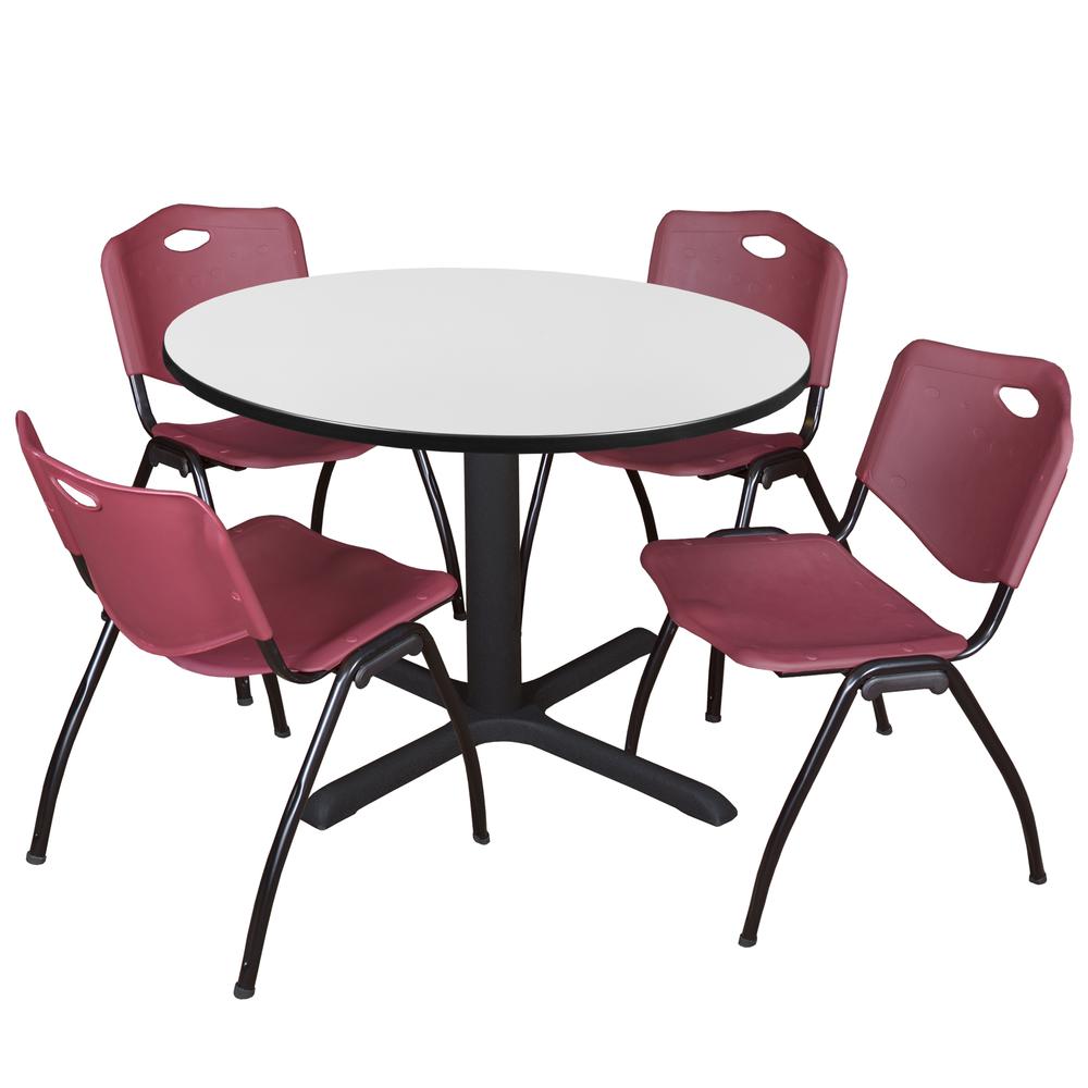 Regency Cain 48 in. Round Breakroom Table- White & 4 M Stack Chairs- Burgundy. Picture 1