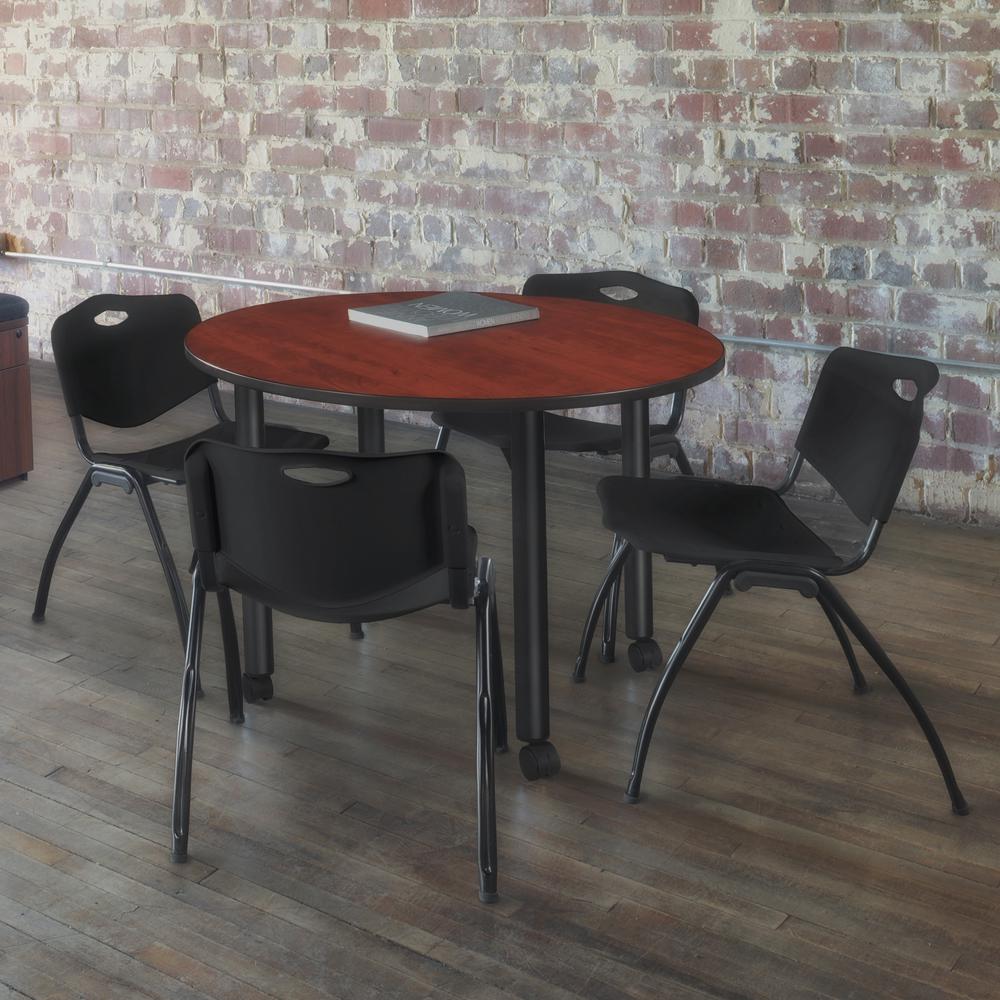 Kee 30" Round Mobile Breakroom Table- Cherry/ Black. Picture 3
