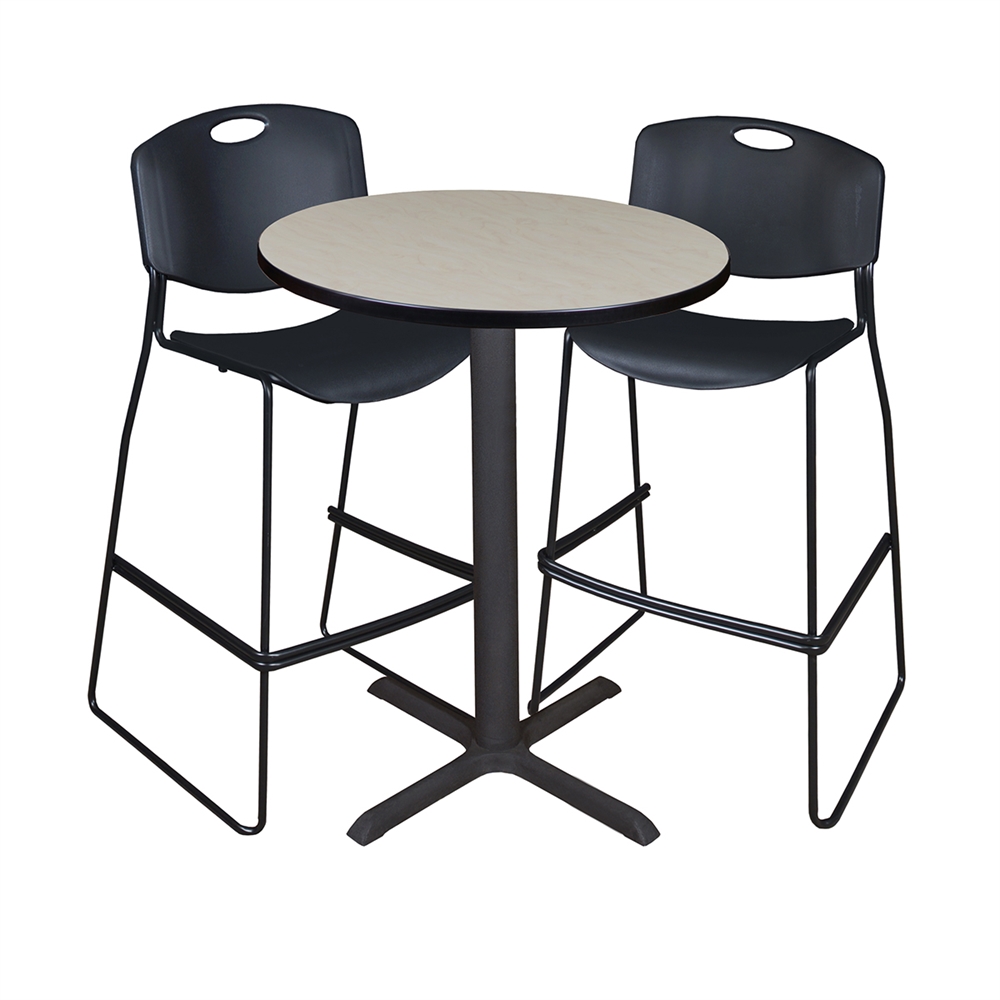 Cain 30" Round Café Table- Maple & 2 Zeng Stack Stools- Black. Picture 1