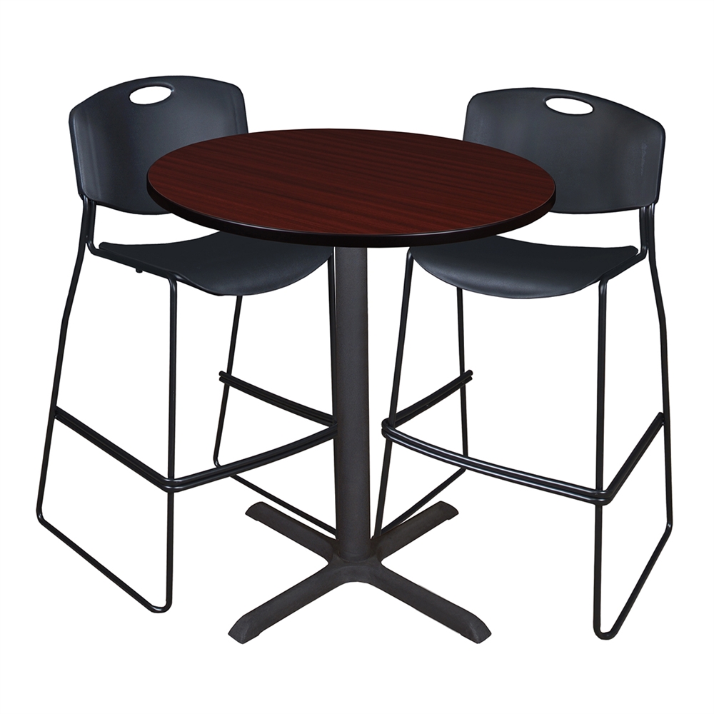 Cain 36" Round Café Table- Mahogany & 2 Zeng Stack Stools- Black. Picture 1