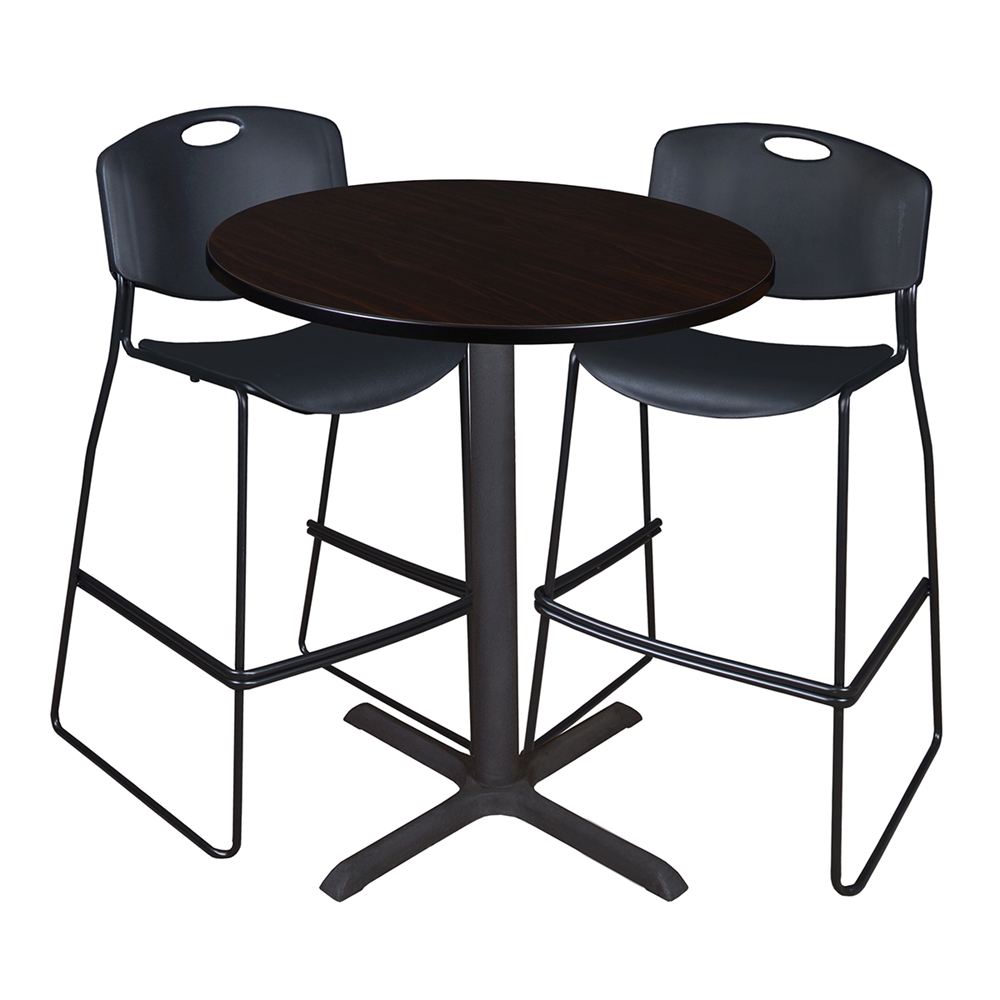 Cain 36" Round Café Table- Mocha Walnut & 2 Zeng Stack Stools- Black. The main picture.
