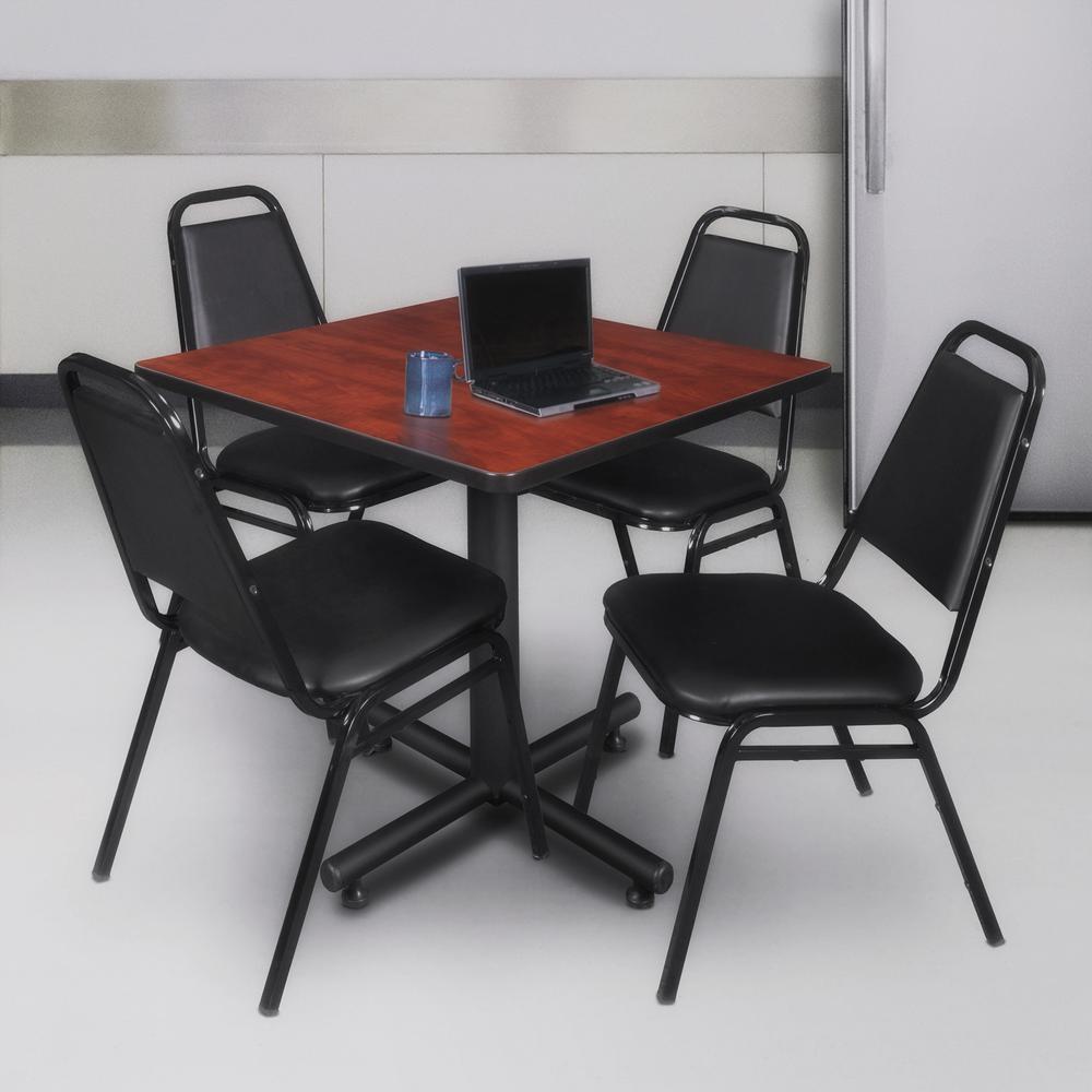 Kobe 30" Square Breakroom Table- Cherry & 4 Restaurant Stack Chairs- Black. Picture 2