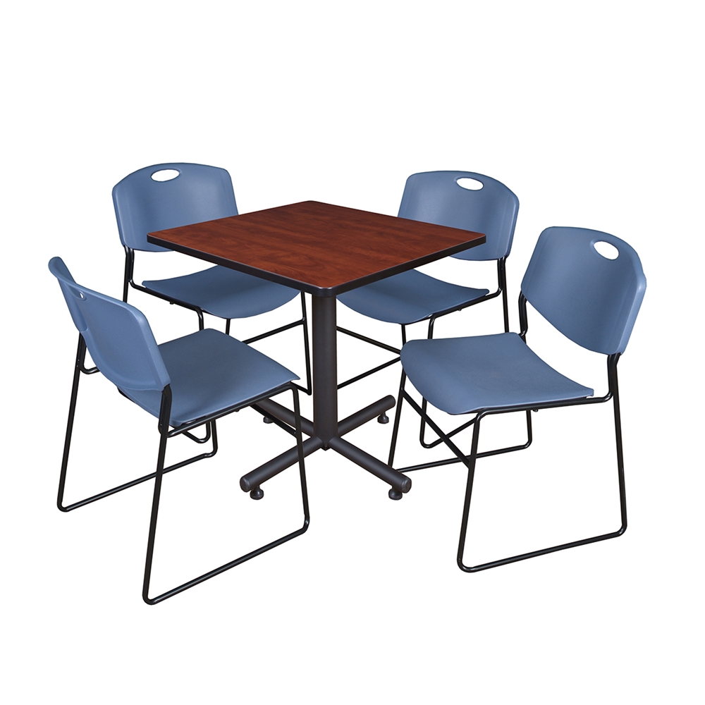 Kobe 30" Square Breakroom Table- Cherry & 4 Zeng Stack Chairs- Blue. Picture 1