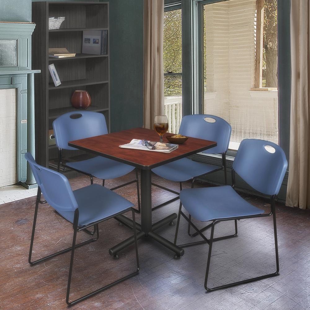 Kobe 30" Square Breakroom Table- Cherry & 4 Zeng Stack Chairs- Blue. Picture 2