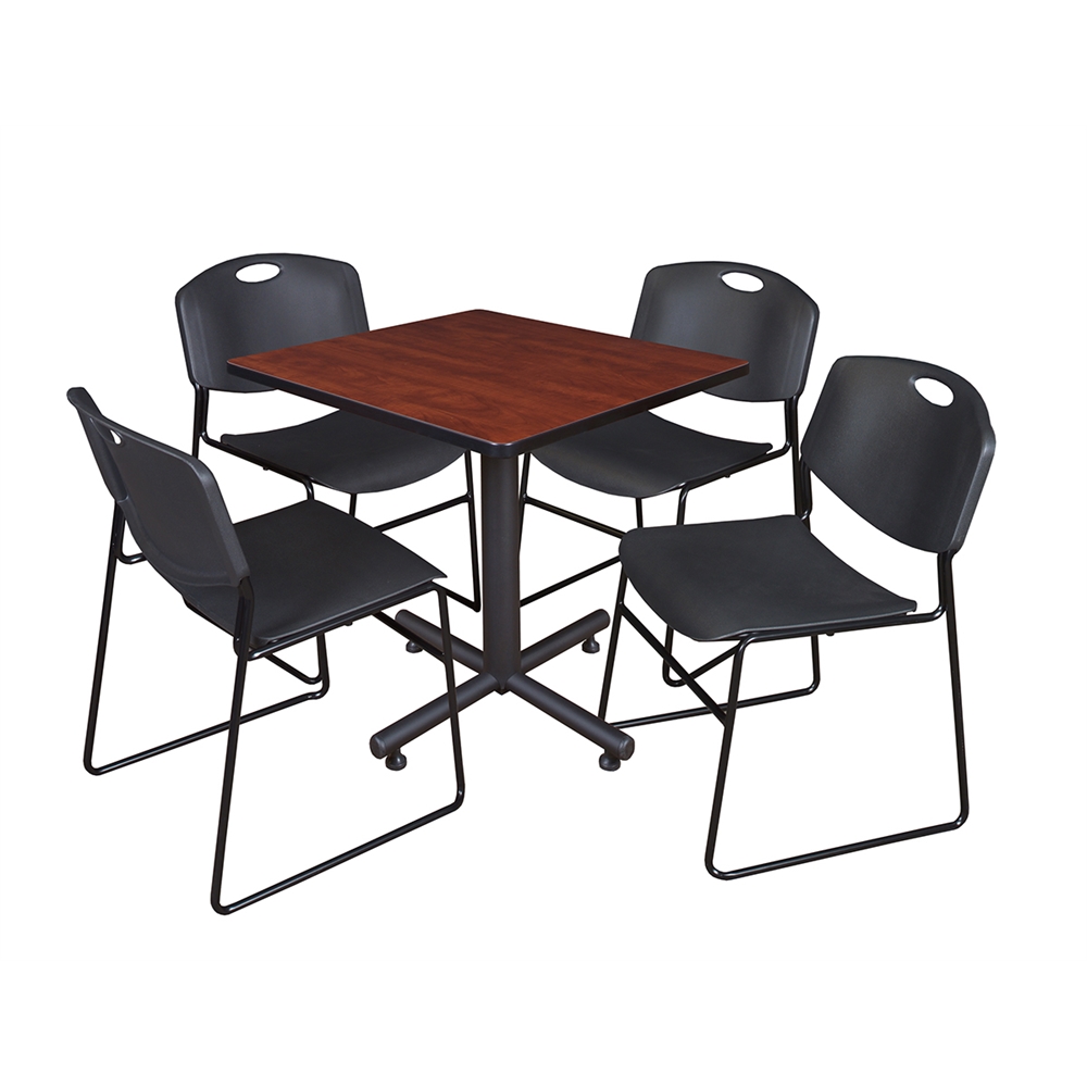 Kobe 30" Square Breakroom Table- Cherry & 4 Zeng Stack Chairs- Black. Picture 1