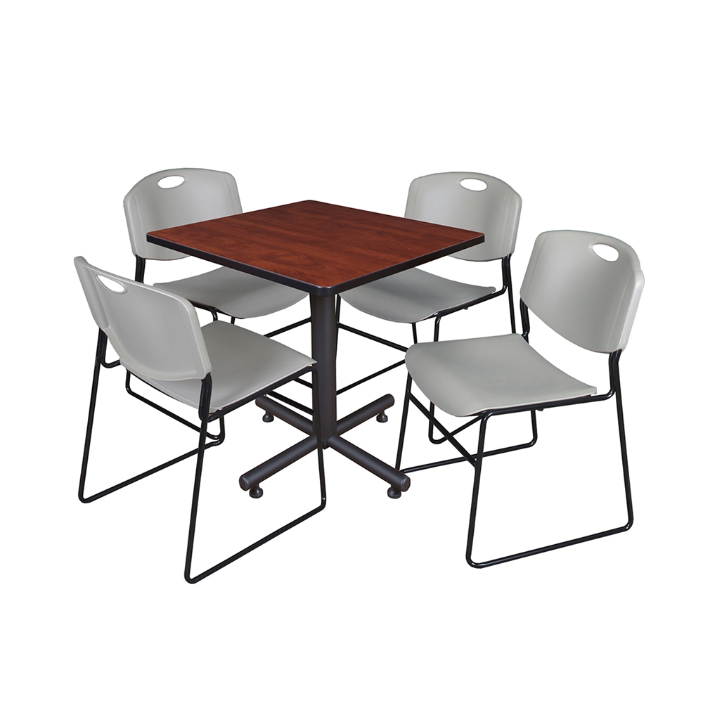 Kobe 30" Square Breakroom Table- Cherry & 4 Zeng Stack Chairs- Grey. Picture 1