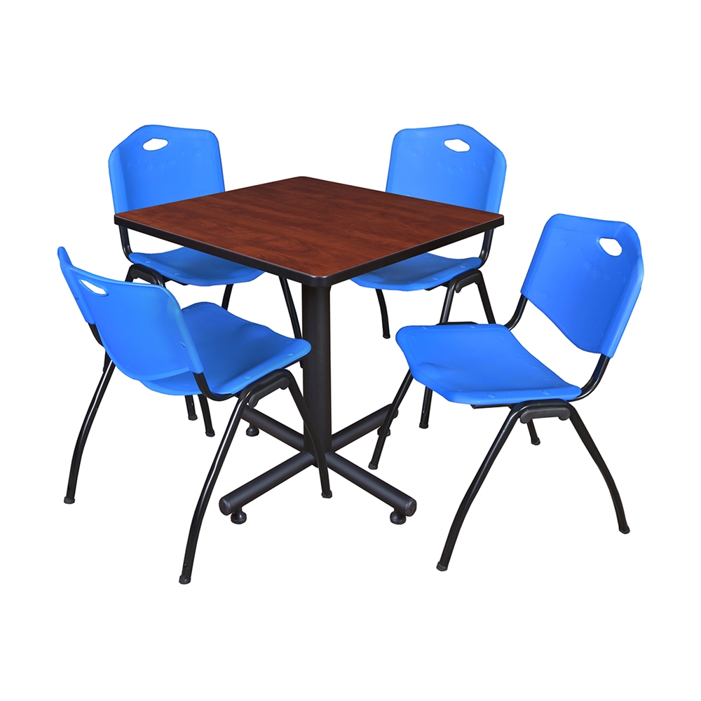 Kobe 30" Square Breakroom Table- Cherry & 4 'M' Stack Chairs- Blue. Picture 1