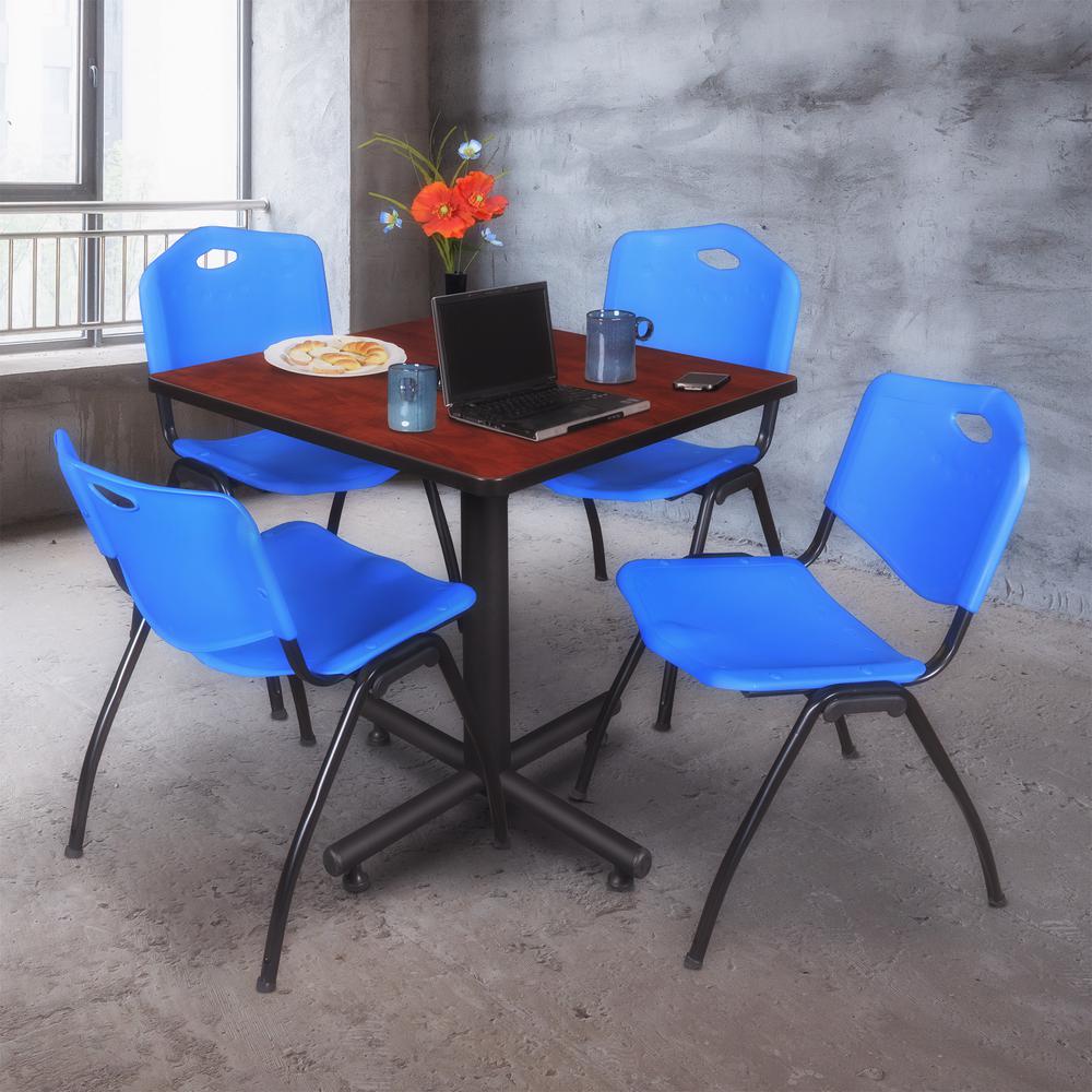 Kobe 30" Square Breakroom Table- Cherry & 4 'M' Stack Chairs- Blue. Picture 2