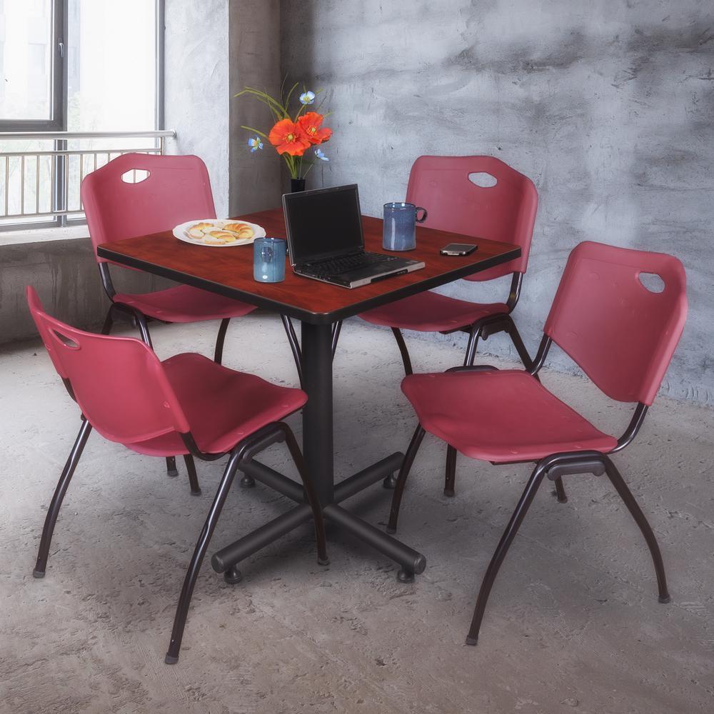 Kobe 30" Square Breakroom Table- Cherry & 4 'M' Stack Chairs- Burgundy. Picture 2