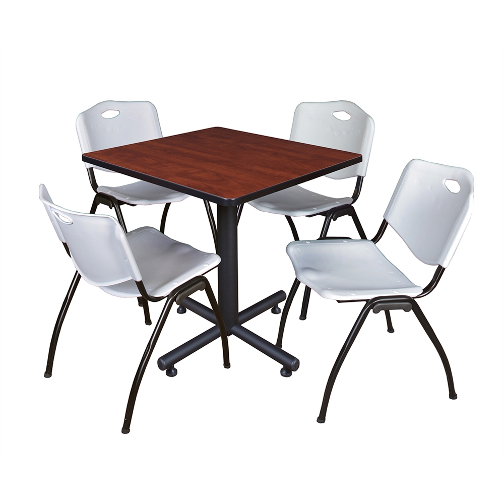 Kobe 30" Square Breakroom Table- Cherry & 4 'M' Stack Chairs- Grey. Picture 1