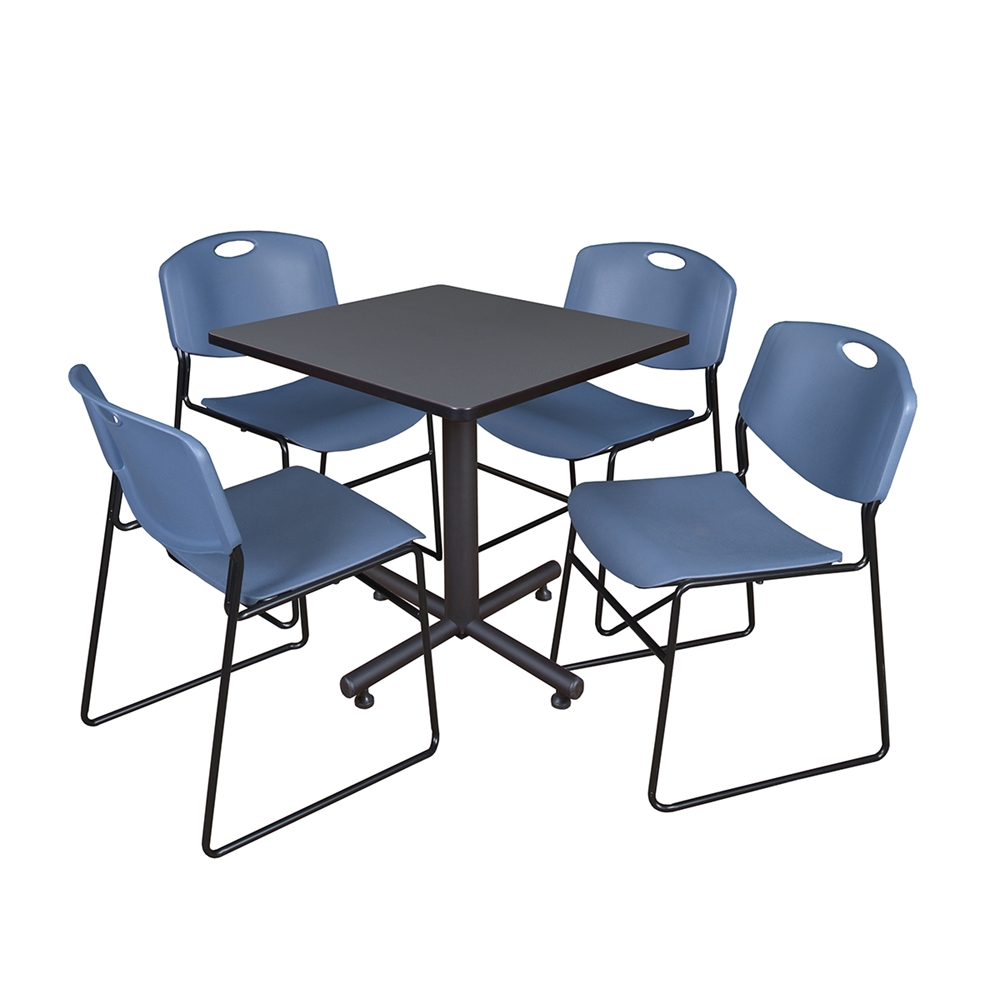 Kobe 30" Square Breakroom Table- Grey & 4 Zeng Stack Chairs- Blue. Picture 1