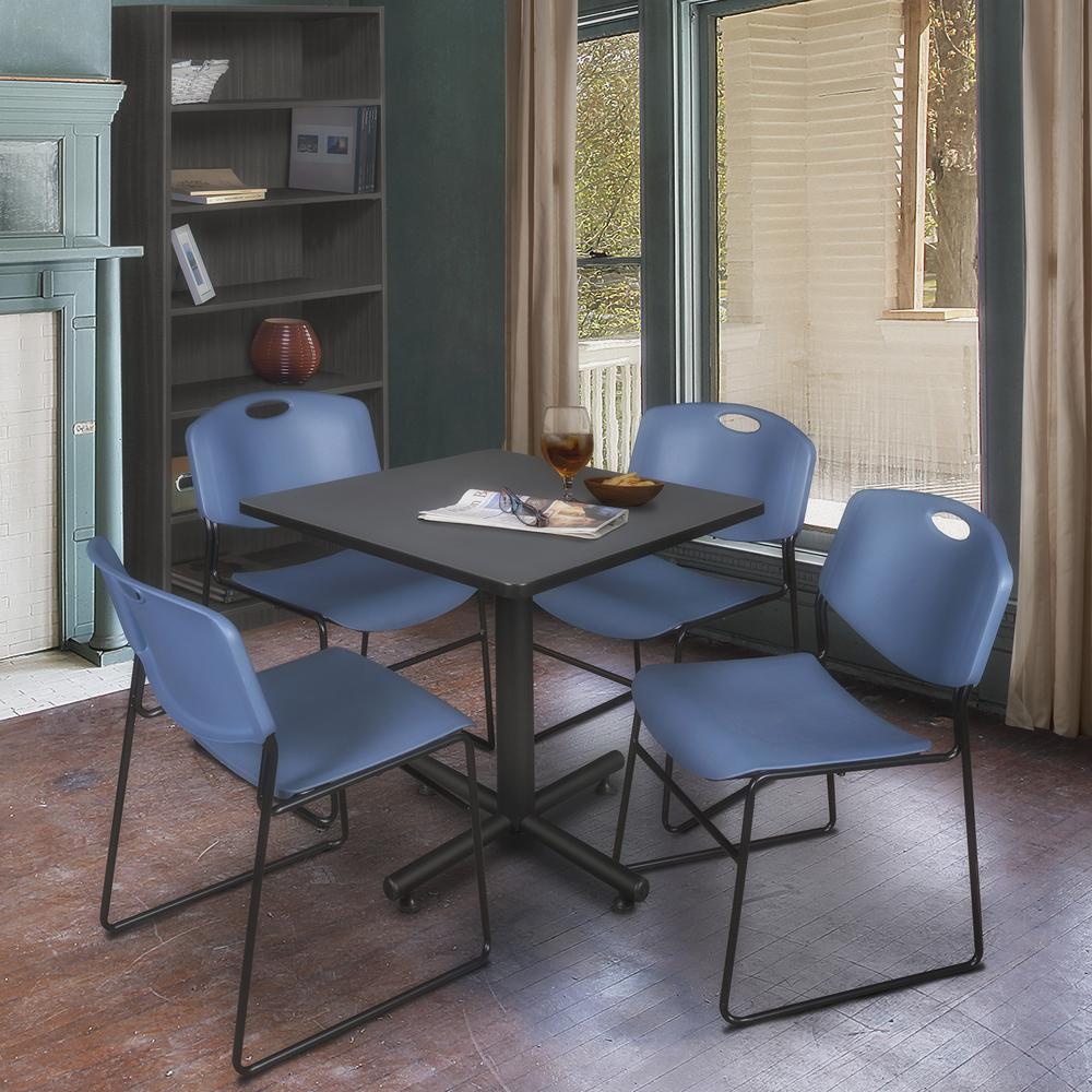 Kobe 30" Square Breakroom Table- Grey & 4 Zeng Stack Chairs- Blue. Picture 2