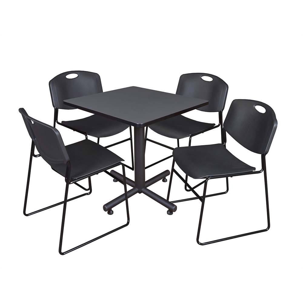 Kobe 30" Square Breakroom Table- Grey & 4 Zeng Stack Chairs- Black. Picture 1