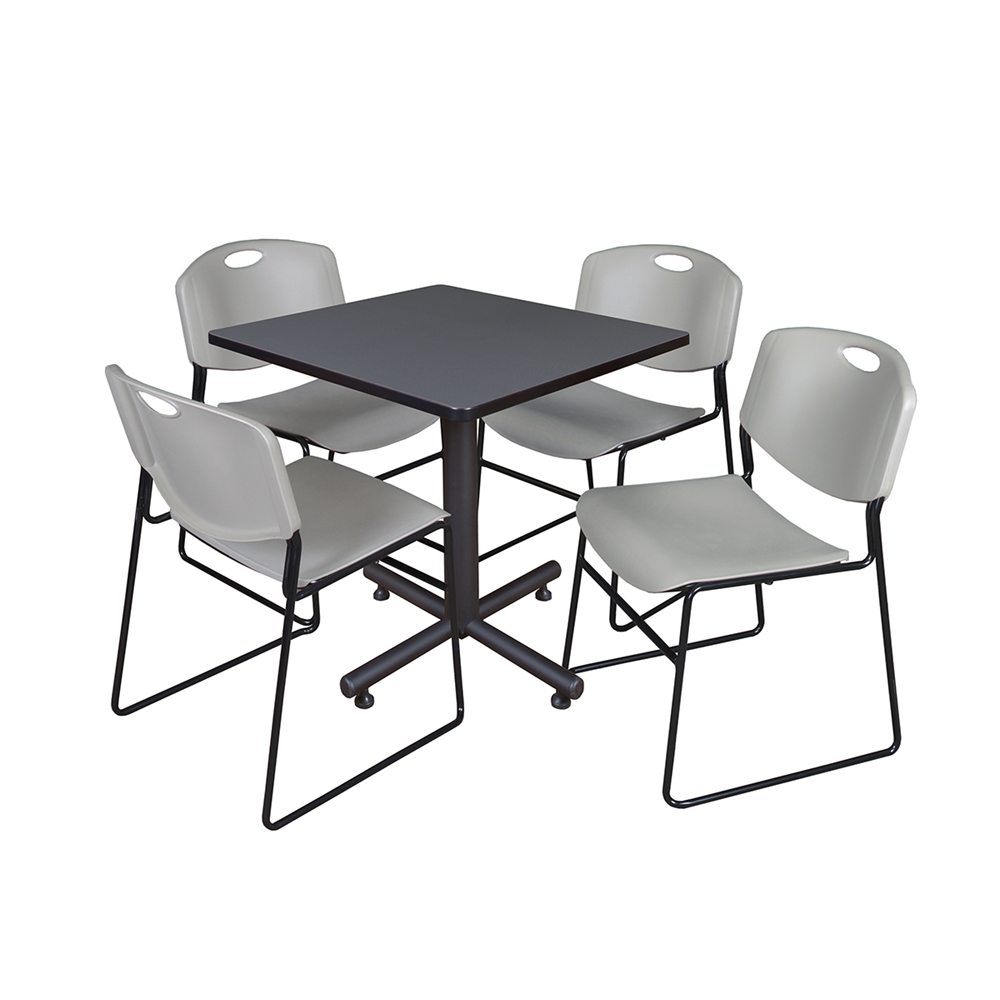 Kobe 30" Square Breakroom Table- Grey & 4 Zeng Stack Chairs- Grey. Picture 1