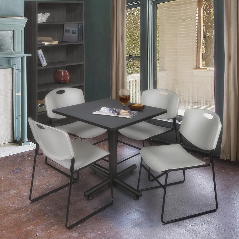Kobe 30" Square Breakroom Table- Grey & 4 Zeng Stack Chairs- Grey. Picture 2