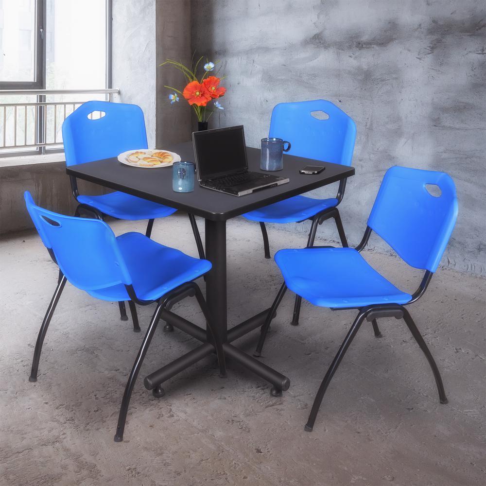Kobe 30" Square Breakroom Table- Grey & 4 'M' Stack Chairs- Blue. Picture 2