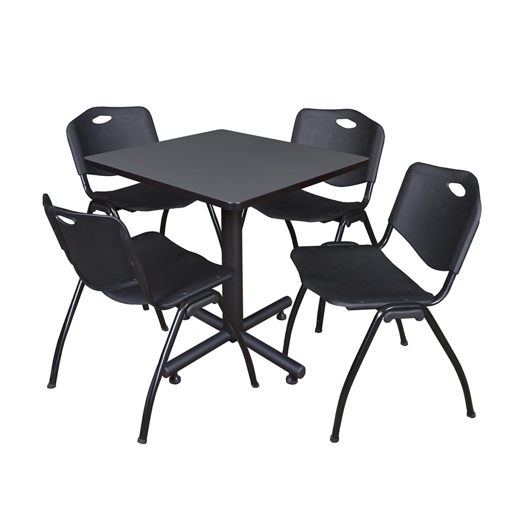 Kobe 30" Square Breakroom Table- Grey & 4 'M' Stack Chairs- Black. Picture 1