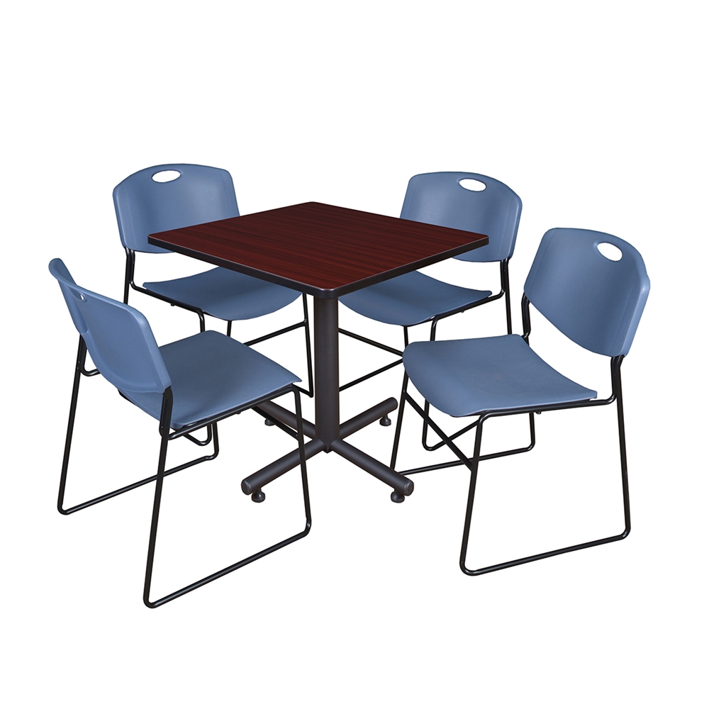 Kobe 30" Square Breakroom Table- Mahogany & 4 Zeng Stack Chairs- Blue. Picture 1