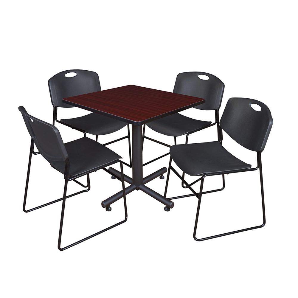 Kobe 30" Square Breakroom Table- Mahogany & 4 Zeng Stack Chairs- Black. Picture 1