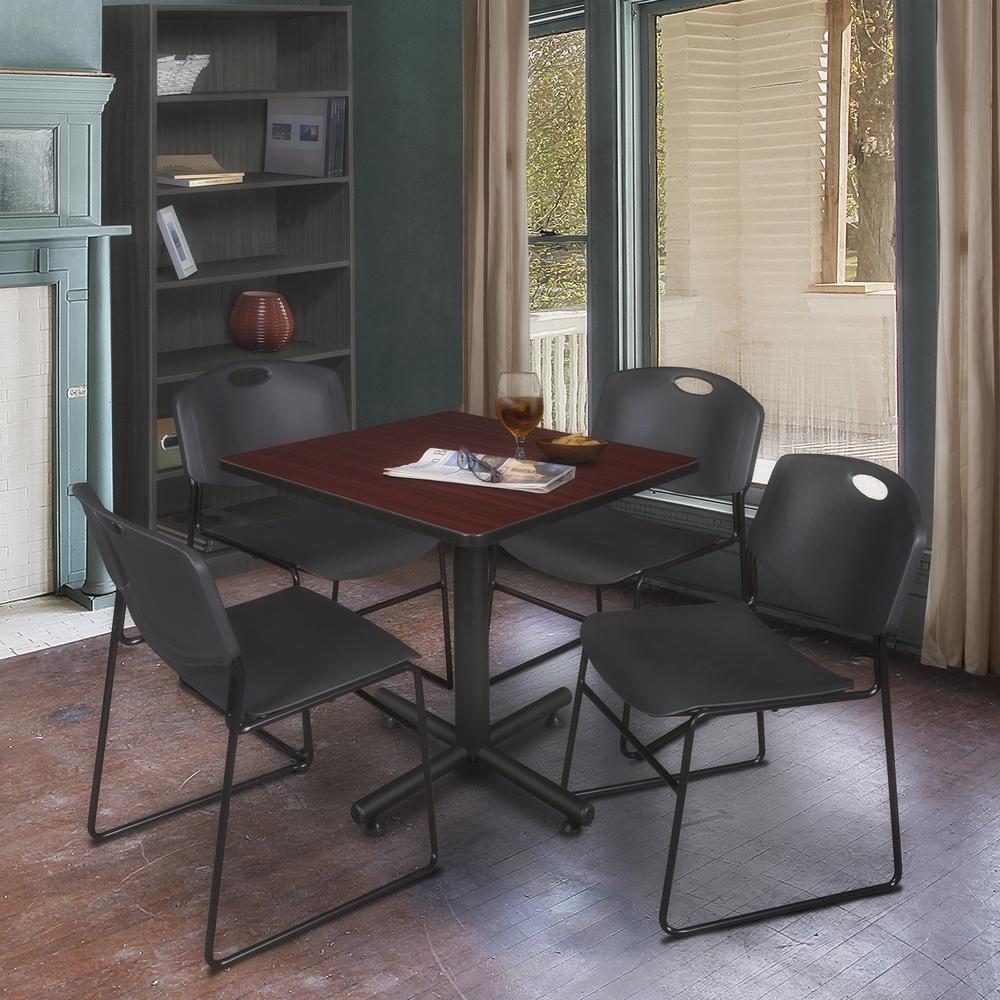 Kobe 30" Square Breakroom Table- Mahogany & 4 Zeng Stack Chairs- Black. Picture 2