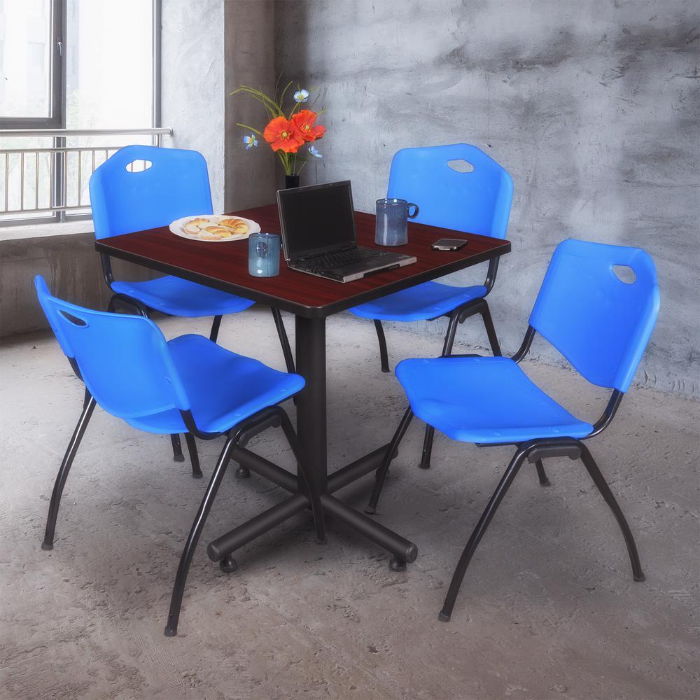 Kobe 30" Square Breakroom Table- Mahogany & 4 'M' Stack Chairs- Blue. Picture 2