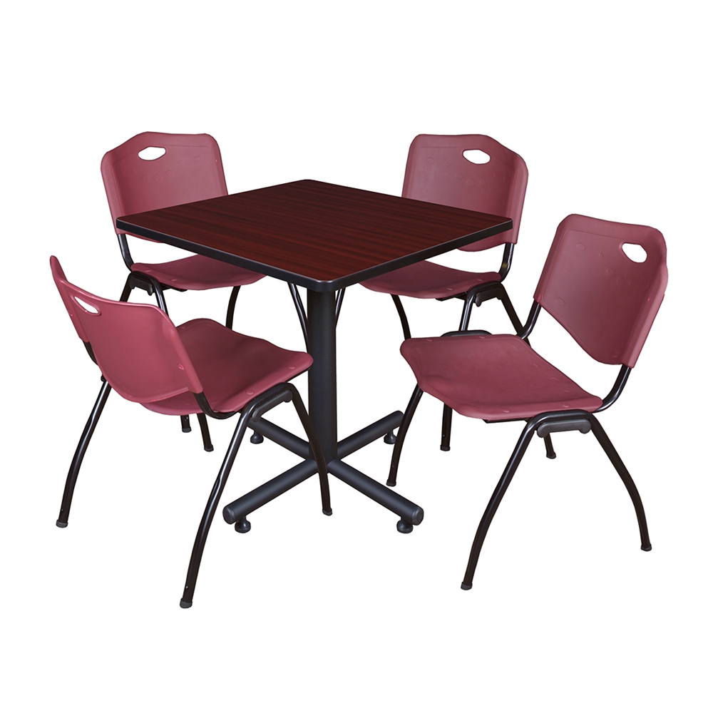 Kobe 30" Square Breakroom Table- Mahogany & 4 'M' Stack Chairs- Burgundy. Picture 1