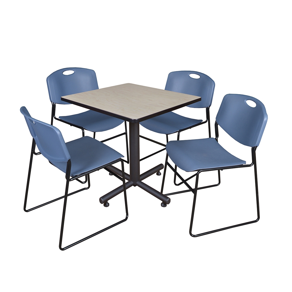 Kobe 30" Square Breakroom Table- Maple & 4 Zeng Stack Chairs- Blue. Picture 1