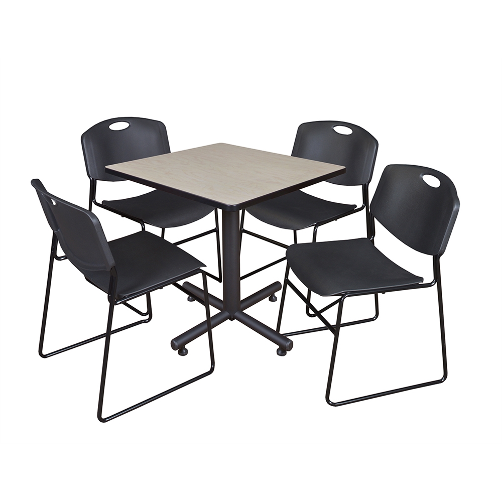 Kobe 30" Square Breakroom Table- Maple & 4 Zeng Stack Chairs- Black. Picture 1