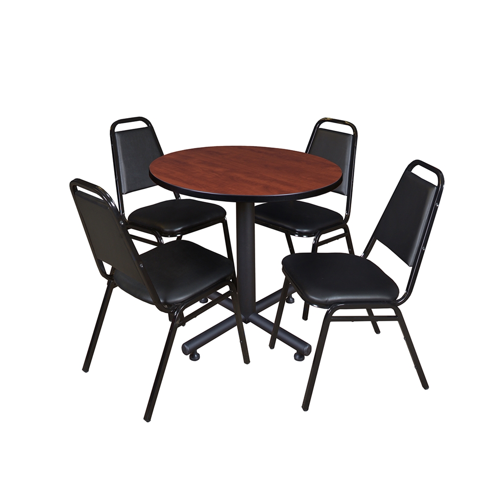 Kobe 30" Round Breakroom Table- Cherry & 4 Restaurant Stack Chairs- Black. Picture 1