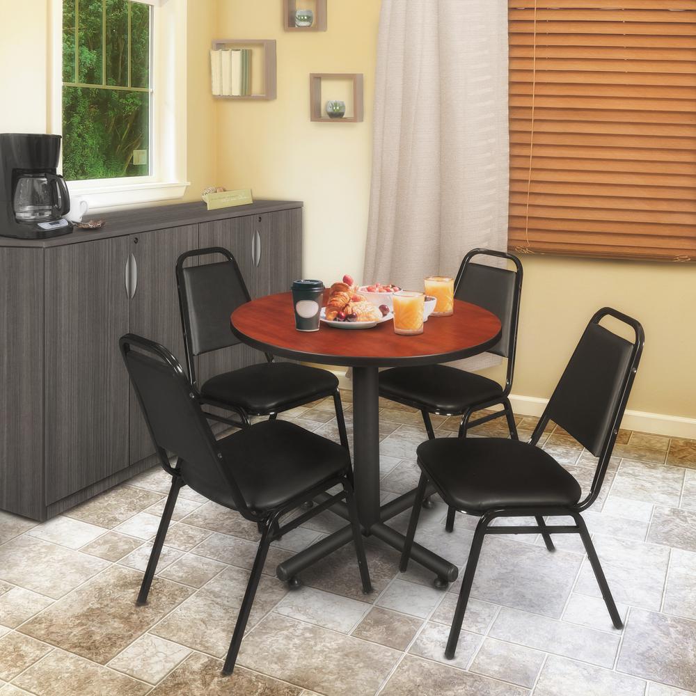 Kobe 30" Round Breakroom Table- Cherry & 4 Restaurant Stack Chairs- Black. Picture 2