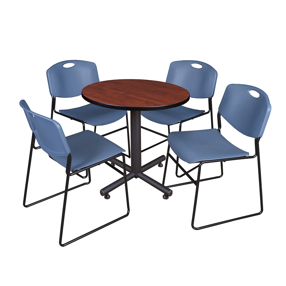 Kobe 30" Round Breakroom Table- Cherry & 4 Zeng Stack Chairs- Blue. Picture 1