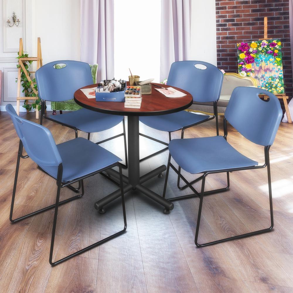 Kobe 30" Round Breakroom Table- Cherry & 4 Zeng Stack Chairs- Blue. Picture 2