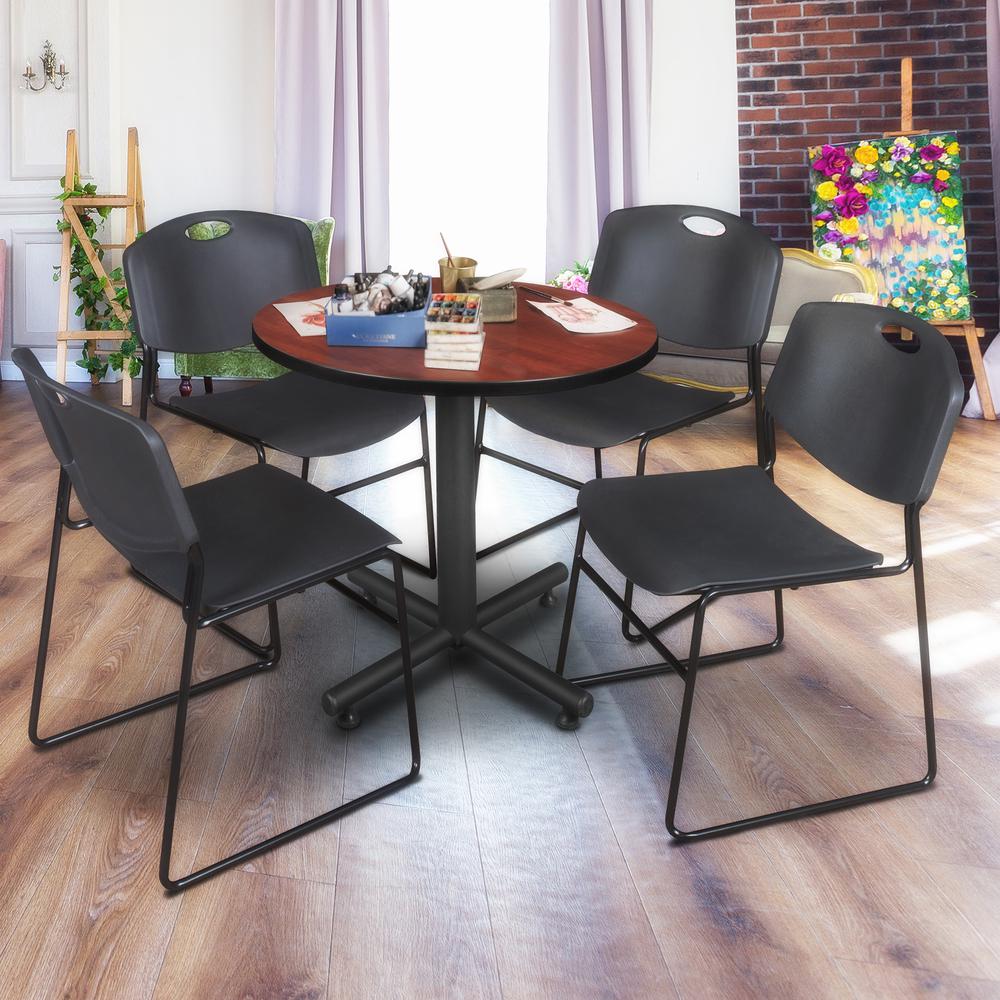 Kobe 30" Round Breakroom Table- Cherry & 4 Zeng Stack Chairs- Black. Picture 2