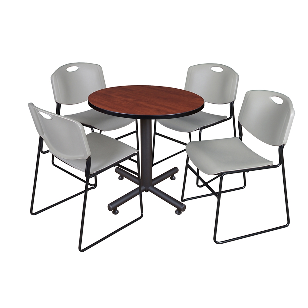 Kobe 30" Round Breakroom Table- Cherry & 4 Zeng Stack Chairs- Grey. Picture 1