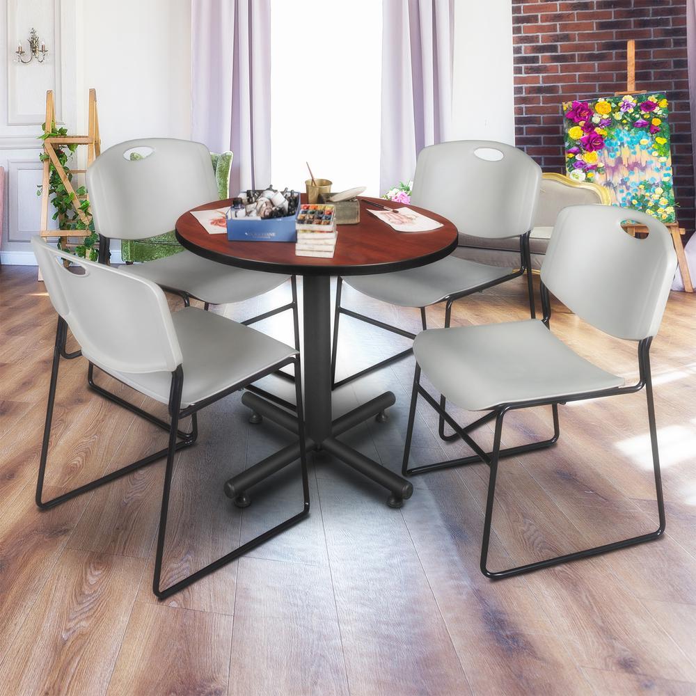 Kobe 30" Round Breakroom Table- Cherry & 4 Zeng Stack Chairs- Grey. Picture 2