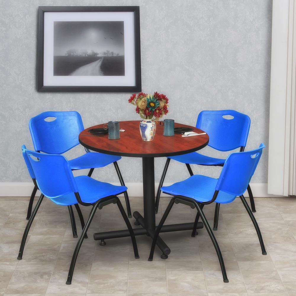 Kobe 30" Round Breakroom Table- Cherry & 4 'M' Stack Chairs- Blue. Picture 2