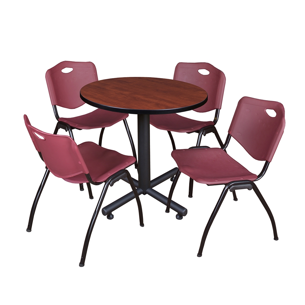 Kobe 30" Round Breakroom Table- Cherry & 4 'M' Stack Chairs- Burgundy. Picture 1