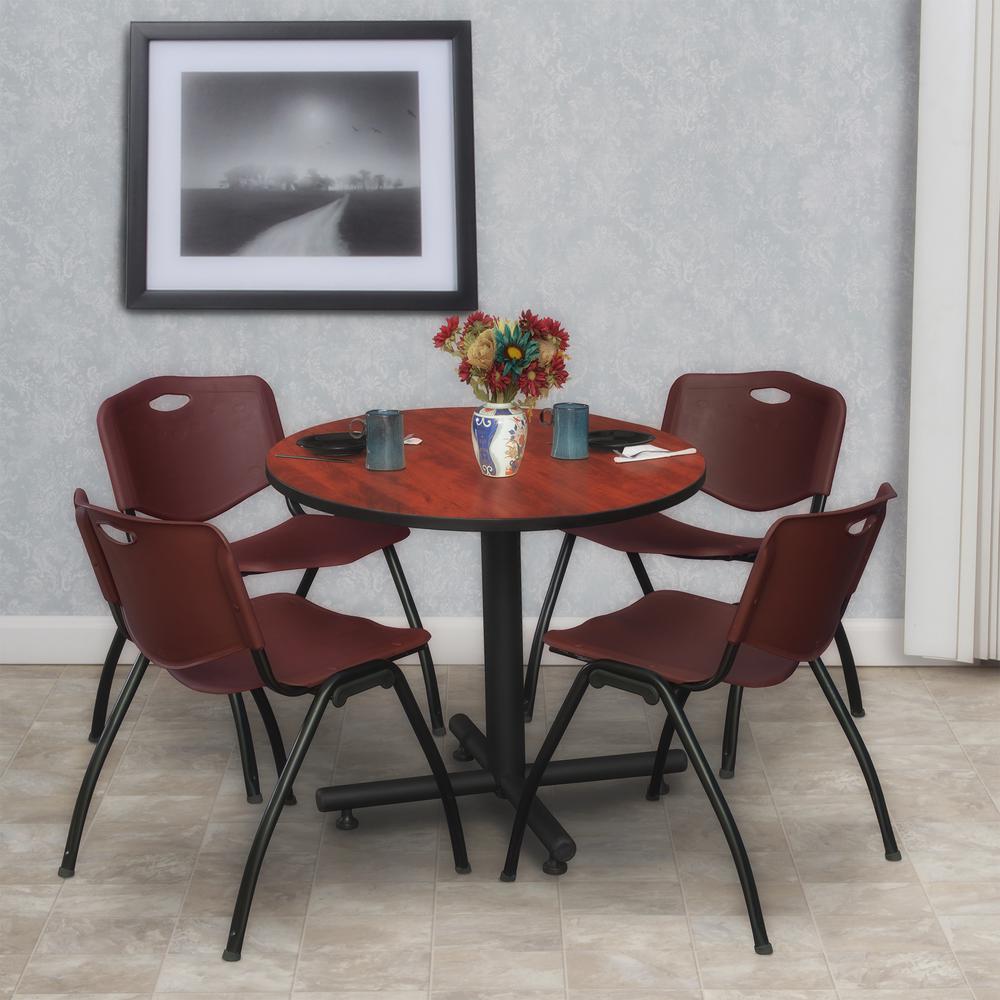 Kobe 30" Round Breakroom Table- Cherry & 4 'M' Stack Chairs- Burgundy. Picture 2
