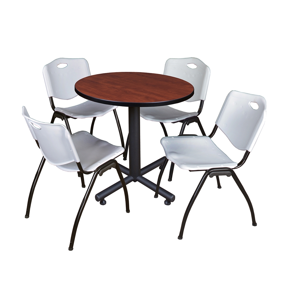 Kobe 30" Round Breakroom Table- Cherry & 4 'M' Stack Chairs- Grey. Picture 1