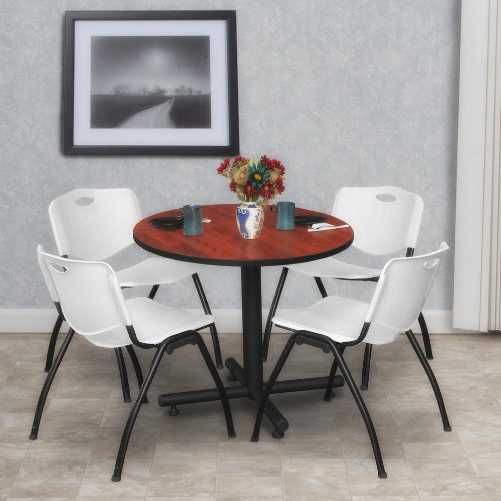 Kobe 30" Round Breakroom Table- Cherry & 4 'M' Stack Chairs- Grey. Picture 2