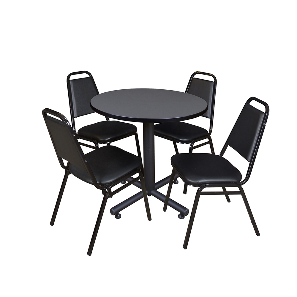 Kobe 30" Round Breakroom Table- Grey & 4 Restaurant Stack Chairs- Black. Picture 1