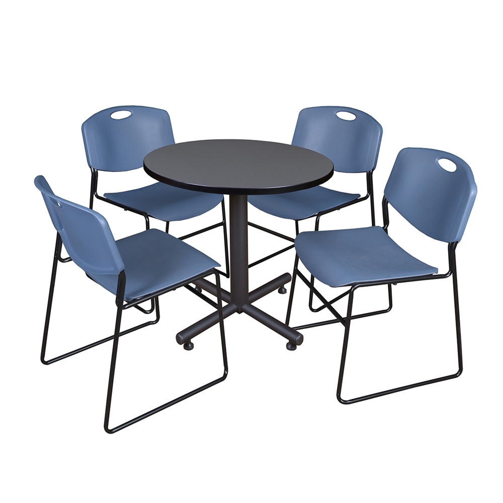 Kobe 30" Round Breakroom Table- Grey & 4 Zeng Stack Chairs- Blue. Picture 1