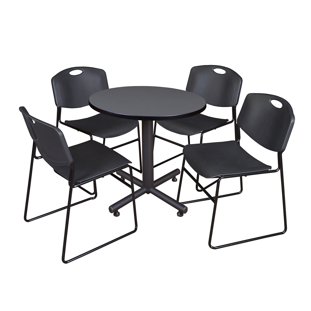Kobe 30" Round Breakroom Table- Grey & 4 Zeng Stack Chairs- Black. Picture 1