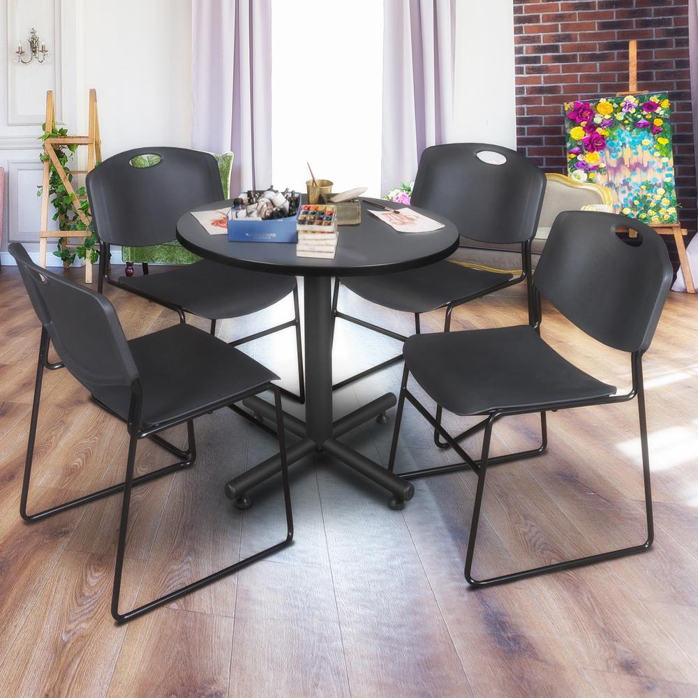 Kobe 30" Round Breakroom Table- Grey & 4 Zeng Stack Chairs- Black. Picture 2