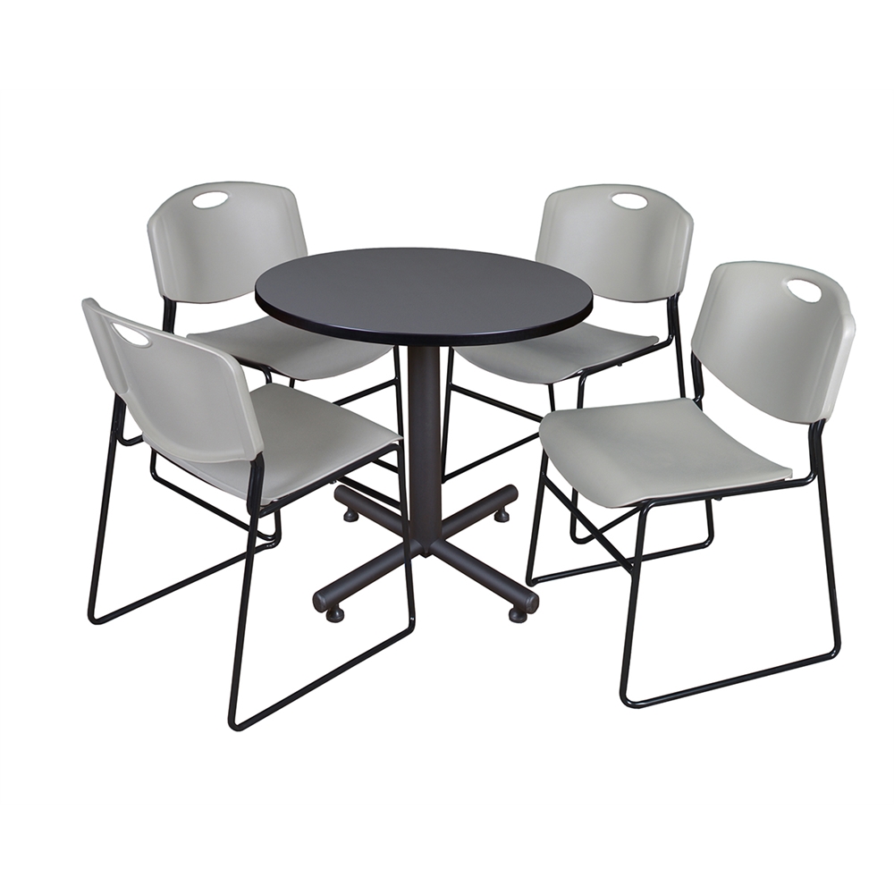 Kobe 30" Round Breakroom Table- Grey & 4 Zeng Stack Chairs- Grey. Picture 1
