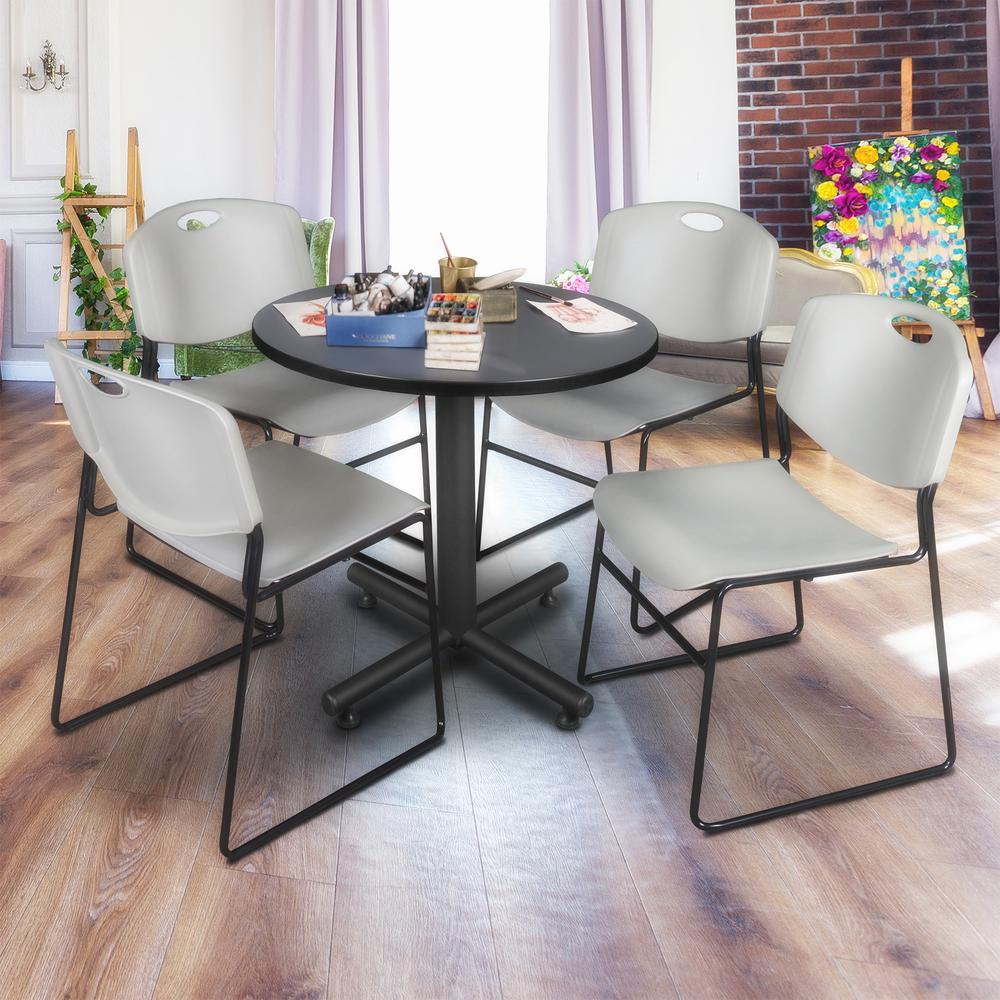 Kobe 30" Round Breakroom Table- Grey & 4 Zeng Stack Chairs- Grey. Picture 2
