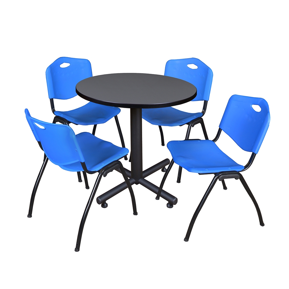 Kobe 30" Round Breakroom Table- Grey & 4 'M' Stack Chairs- Blue. Picture 1